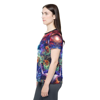 Women's sport tee in the Magnus Opum design, worn by a model, front view.