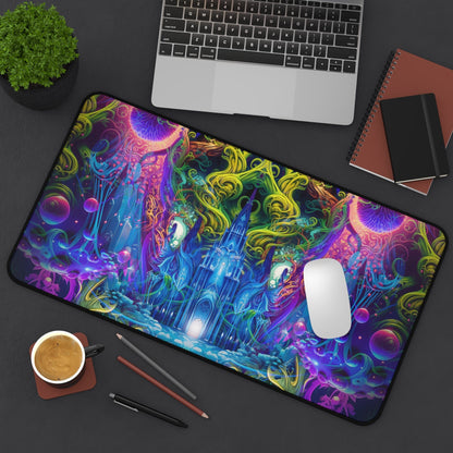 The Sacred Vine desk mat rolled up to show its flexible surface