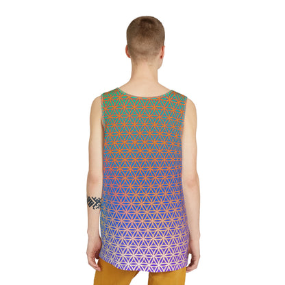 Corner detail of a men's tank top with the 'Flower de Life' artwork.