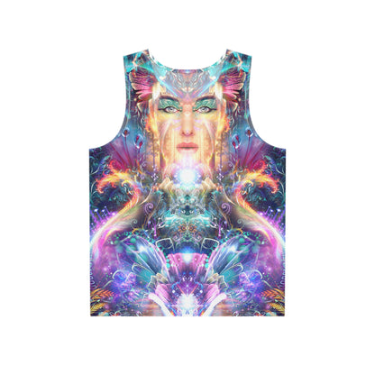 Front view of the Medicina psychedelic art men's tank top on a model.