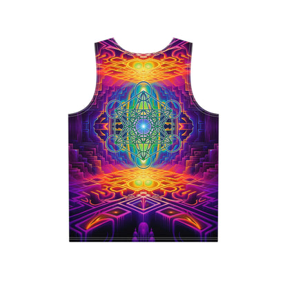Close-up of the Focused Thought print detail on the men's tank top fabric.