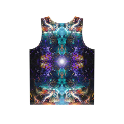 Close-up of the Source of Creativity V2 print on the men's tank top fabric.