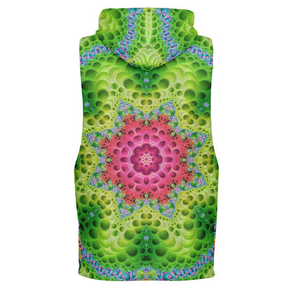 Ghost mannequin back view of the “Starburst” sleeveless hoodie, showing the all-over print.