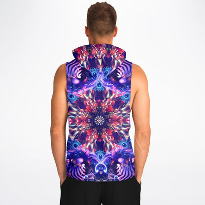 Model wearing the “Flow State” sleeveless hoodie, back view, showing the all-over print across the back.