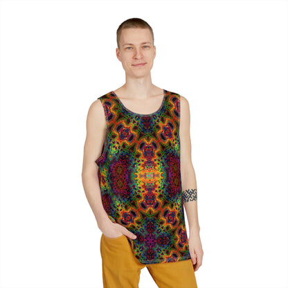 Close-up of the Lysergic Burst print detail on the tank top.
