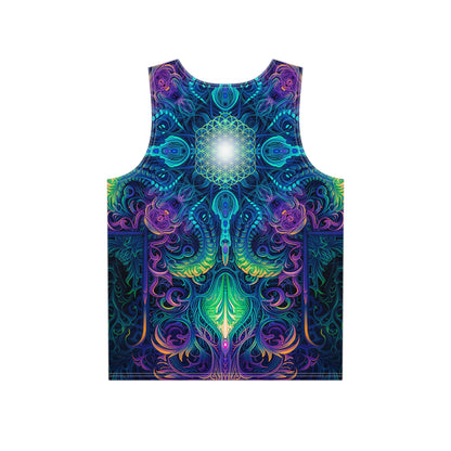 Back view of the 'Belladonna V2' men's tank top laid flat, showing the print continuing across the fabric.