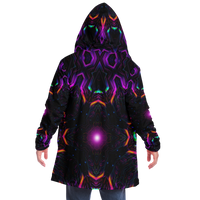 Back view of the Knight City Core hooded cloak showing the circuit-grid pattern continuing across the fabric.