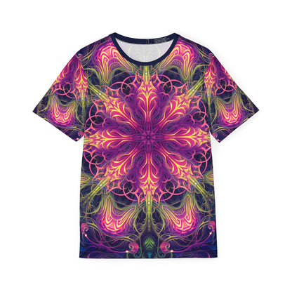'Gatekeepers Mandala' all-over-print sport tee for men, front view laid flat.