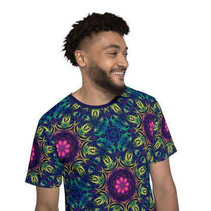 'Gatekeepers Pattern' sport tee for men, side view showing the full-length print.