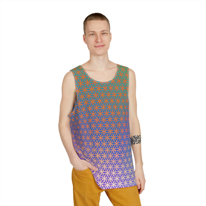 Close-up of the print detail on a 'Flower de Life' men's tank top.