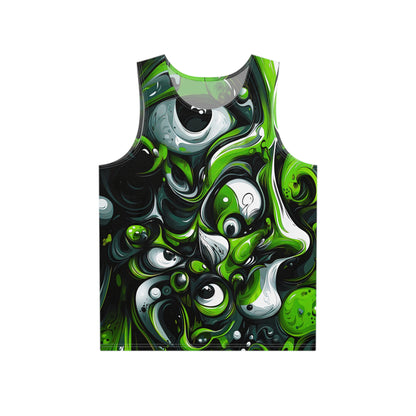 Front view of the Only 50% Schizophrenic men's tank top with the bold trippy print across the chest.