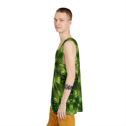 Detail shot of the Green Lattice art print on the tank top fabric.