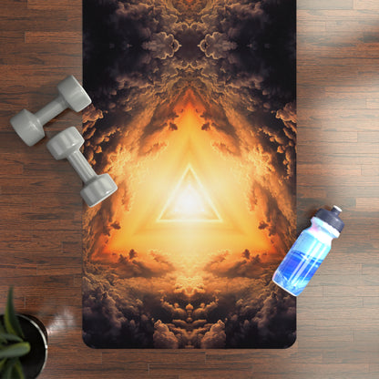 A rubber yoga mat printed edge to edge with the Adieu V2 golden cloud kaleidoscope.