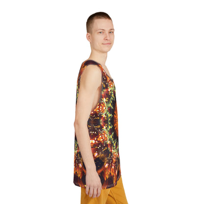 Corner detail of the Autumn Bloom men's tank top hem.