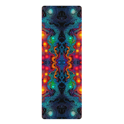 Flat lay of the Molten Flow yoga mat showing the full swirling printed design.