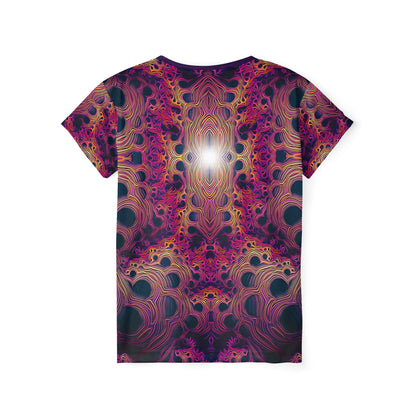 Close-up of the "Fractaleon" print detail on the women's sport tee fabric.