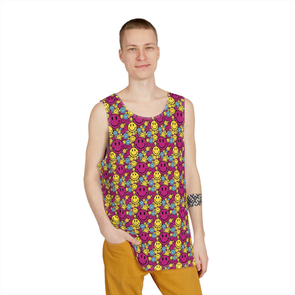 Angled view of the Purple Yellow Blue Smiley men's tank top highlighting the print.