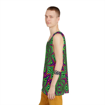 Corner view of the green Zibrus Maximus tank top highlighting the print colors.