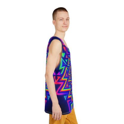 Corner detail shot of the Aztecia print on the tank top.