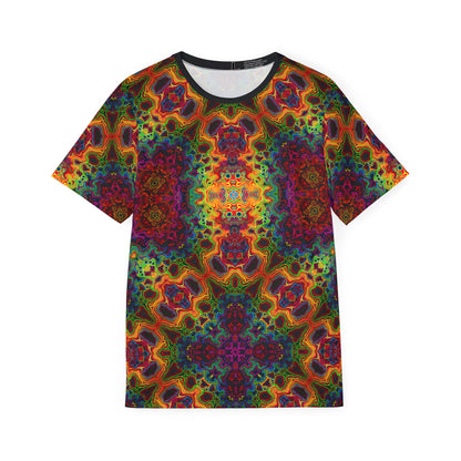 Flat lay of the Lysergic Burst men's sport tee showing the all-over psychedelic print.
