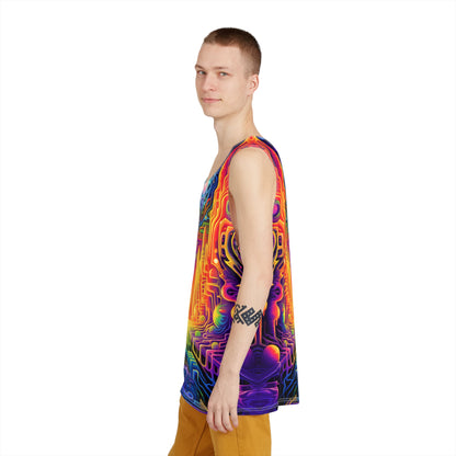 Overhead view of the 'DMTron' men's tank top laid flat.