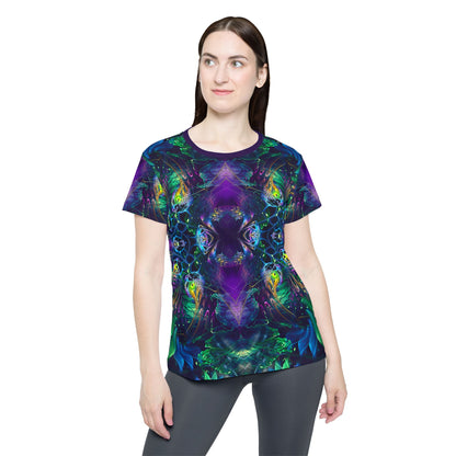 Side view of the Awakened print on this women's sport tee