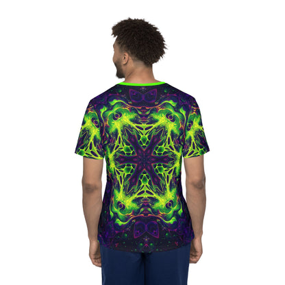 'Goodala' sport tee for men, corner view showing the hem and seam.