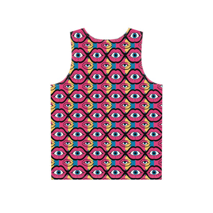 Angled view of the Eyeball Lips men's tank top on a model, showing the fabric drape.