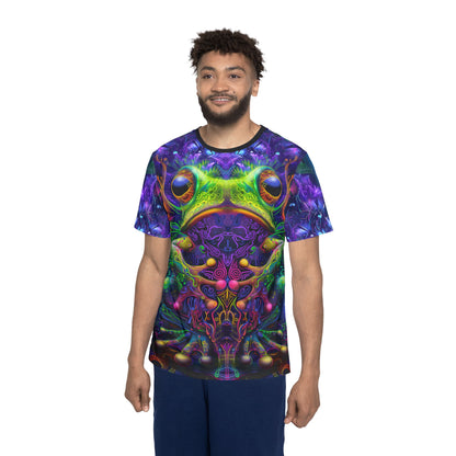 Angled view of the "Kiss Me" sport tee, showing the print from the side.
