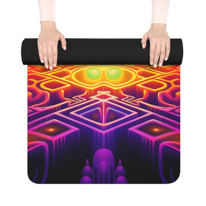 Corner view of the Focused Thought yoga mat showing the natural rubber bottom edge