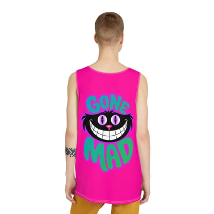 Side angle view of a model wearing the Gone Mad Cheshire men's tank top.