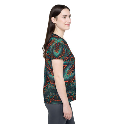 Side angle of the Multiverse sport tee showing the sleeve print.