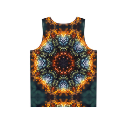 Close-up of the Fractal Flower Mandala print detail on the men's tank top fabric.