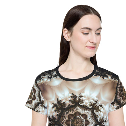Women's sport tee in the Duality psychedelic mandala all-over print design, laid flat.