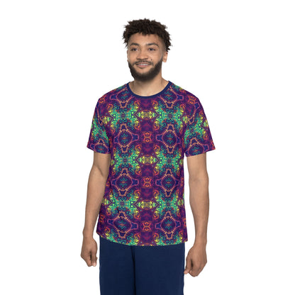 Overhead view of the McTrippy men's sport tee laid flat.