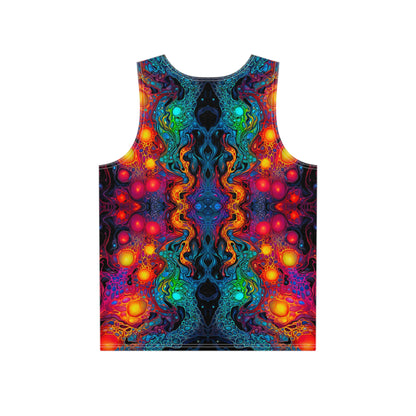 Angled view of the 'Molten Flow' all-over print covering this men's tank top.
