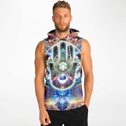 Model wearing the “Divine Protection” sleeveless hoodie, front view, showing overall fit and length.