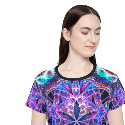 Side angle of the "Flower of Life Mandala" women's sport tee highlighting the print pattern.