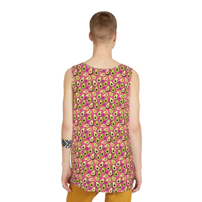 Angled view of the 'Avocado Pattern' men's tank top, showing the fit and drape of the fabric.