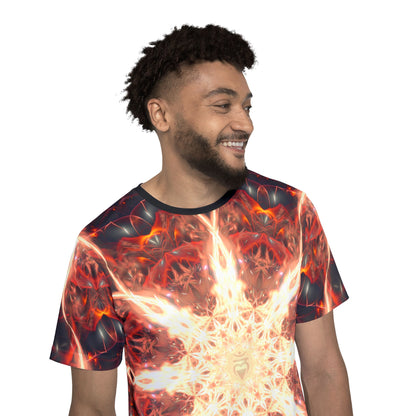 Three-quarter angle of the Muladhara sport tee showing the print placement.