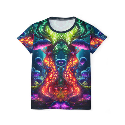 Front view of the Fungal Abyss print on the women's sport tee.