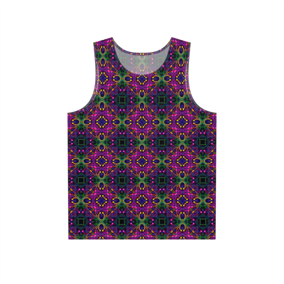 Front view of the Kiss Me Pattern print on a men's tank top in black.