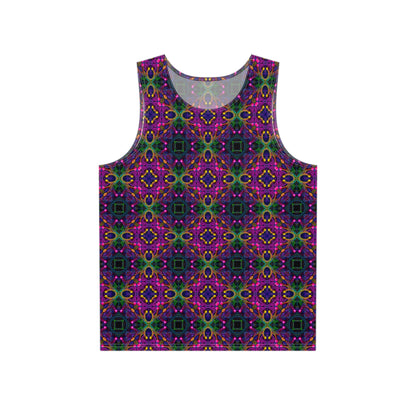 Front view of the Kiss Me Pattern print on a men's tank top in black.