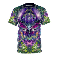 Front view of the Emergence tee, a purple moth emerging from a cosmic doorway framed by green fractal foliage.