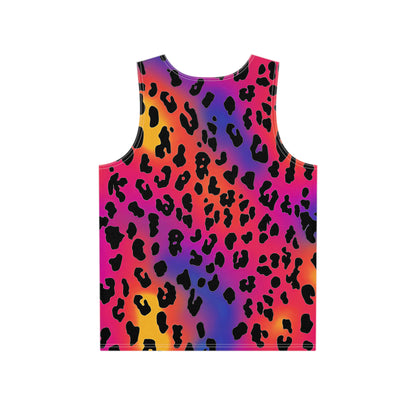 Close-up of the Rainbow Leopard print detail on the men's tank top fabric.
