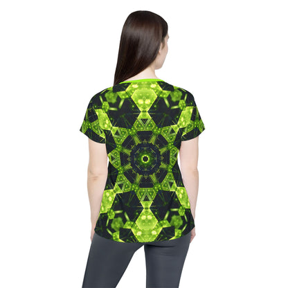 'Geocomb' sport tee for women, close-up of the print detail on the fabric.