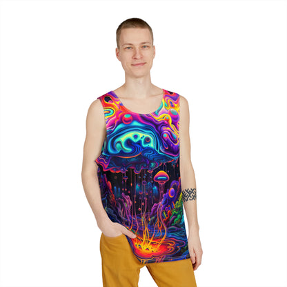 Acid Rain men's tank top shown at an angle to highlight the artwork.