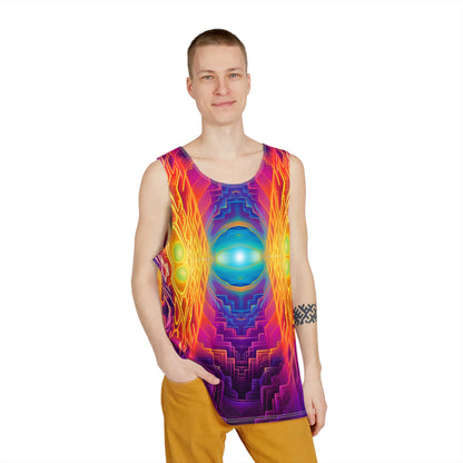 Flat lay of the men's tank top featuring the full 'Maze of Life V3' graphic design.
