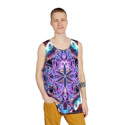 Close-up of the Flower of Life Mandala print detail on the men's tank top fabric.