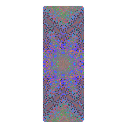 The 'Chaos of Tron' design shows a neon wireframe geometric star pattern on a rubber yoga mat.